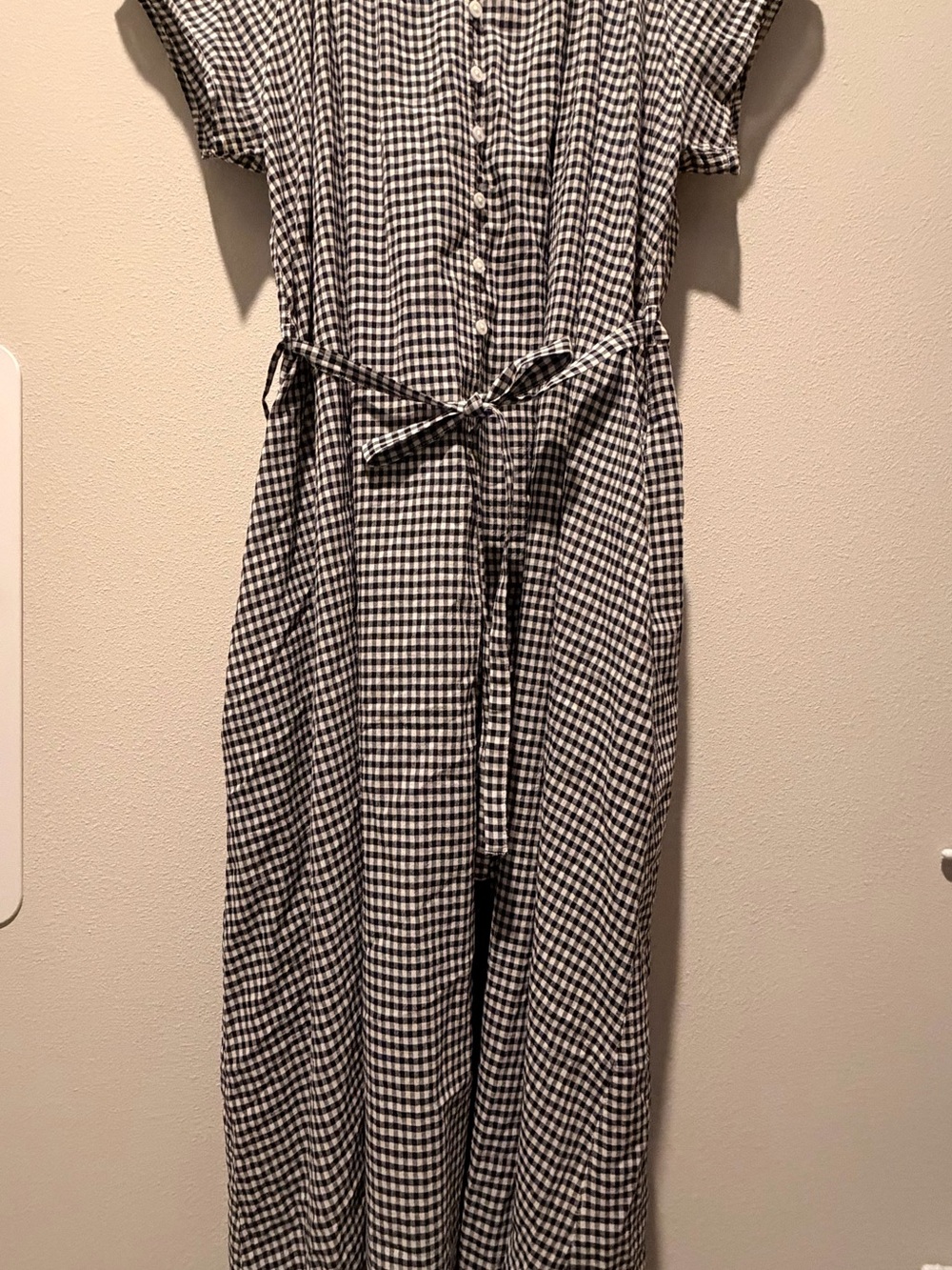 MUJI Black and White Gingham Button-Front Dress with Tie Waist
